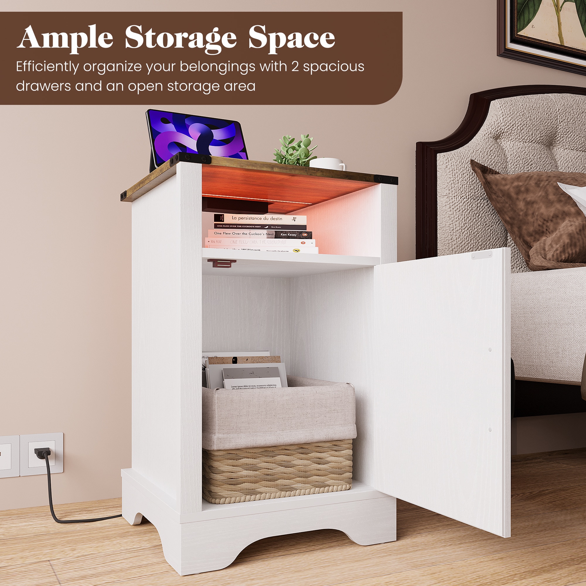 Set Of 2 Bedside Tables With Charging Station And Storage White_voghion.com